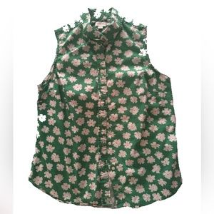 J Crew Sleeveless button up. Green with white flower pattern. Size Xs